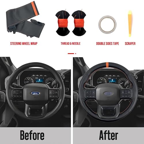 Hand-Stitch Steering Wheel Wrap Cover For 2021 2022 Ford F-150 F150 Xl/Xlt/Limited Interior Urethane Steering Wheel Protector Cover Accessories (Orange Marker) #TOP3
