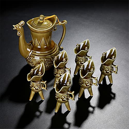 Juego de vino de cerámica Flagon, copa de vino blanco, celadón, taza antigua, trípode, copa de vino, dispensador de vino regalo (Color: A) (B)