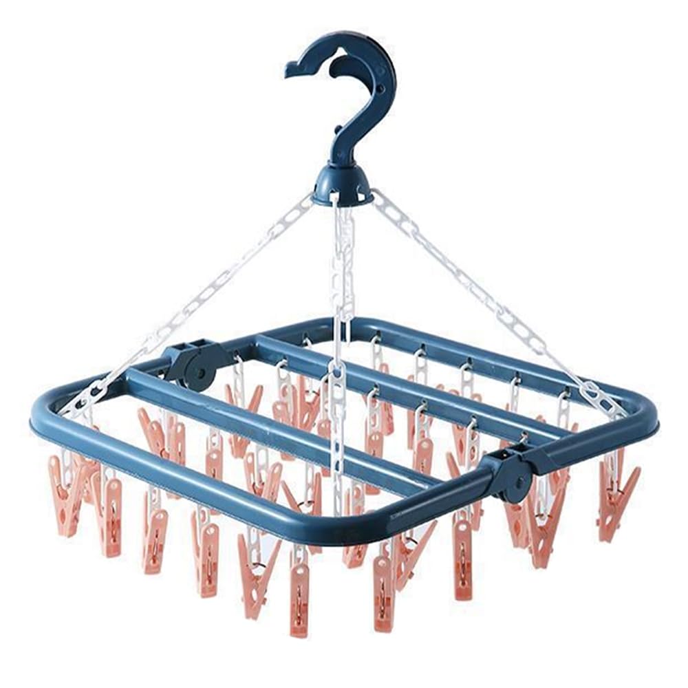 Foldable Clothes Drying Rack with 32 Clips, Space-Saving Sock Hangers for Drying, Multi-Functional Clothes Pegs for Washing Line for Hats, Shoe Insoles, Underwear, Baby Clothes (Pink&Blue)