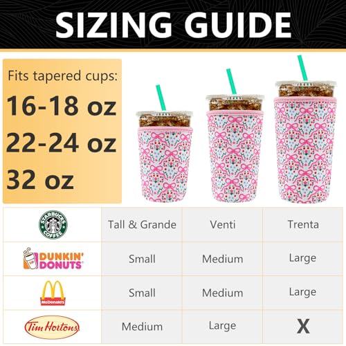 Image of YR Reusable Neoprene Insulator Sleeve for Iced Coffee Cups, 3 Pack Coffee Coolies sleeves for Iced & Hot Drinks, Cold Beverage Cooler Compatible with Starbucks Coffee and More (Pink Bows)