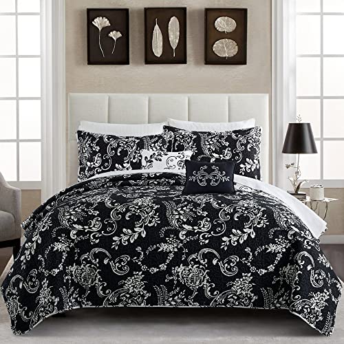 Home Soft Things La Boheme 5 Piece Quilted Printed Bed Spread Cover Oversize King 122" X 106" Quilt Set With Decor Shams Pillows, Black White Lightweight Reversible Coverlet Bedding Set #TOP1
