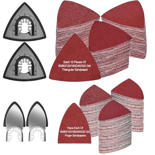 184 PCS Multi Tool Sanding Pad Kit 2Pcs 3-1/2 Inch Triangle Sanding Pads 2Pcs Fingertip Sand Pad 180Pcs Sandpaper 3Pcs Adapters Multi Tool Blade Compatible with Ryobi Makita Milwaukee
