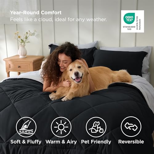 Image of Bedsure Dark Black Queen Comforter Set - 7 Pieces Reversible Queen Bed in a Bag, Bed Set Dark Black and Grey with Comforters, Sheets, Pillowcases & Shams