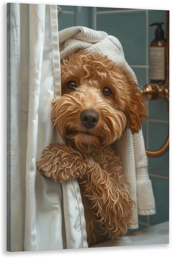 Bathroom Wall Art Funny Goldendoodle In Shower Humor Animal Poster Picture Canvas Print Bathroom Decor For Dog Lovers 16x24inch Framed
