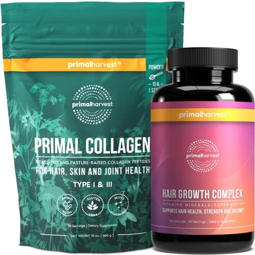 Primal Harvest Collagen Powder & Hair Growth Capsules Supplements for Women and Men Collagen Peptides Powder for Hair, Skin and Hair Growth Pills Bundle