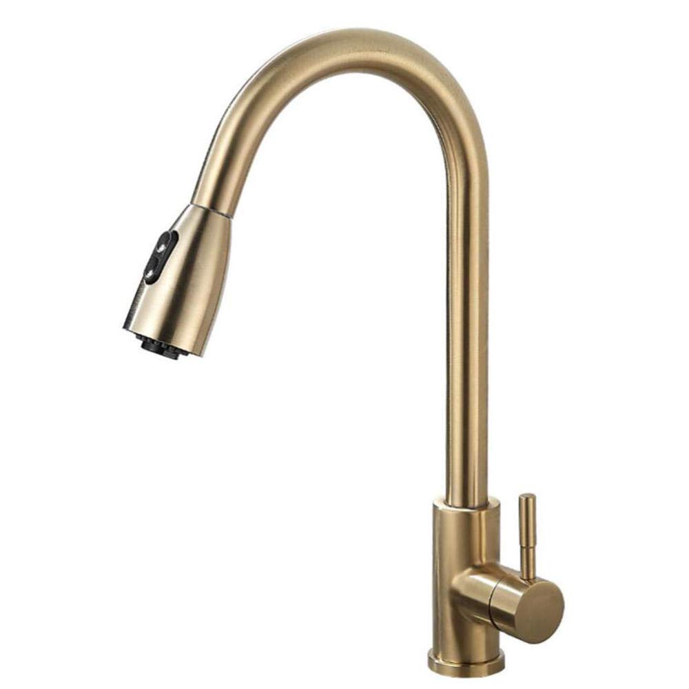 ZYCHSJXA Kitchen Sink Tap with Pull Down Sprayer Gold Taps Hot and Cold Stainless Steel Telescopic Dual-Mode Rotating Faucet Splash-Proof