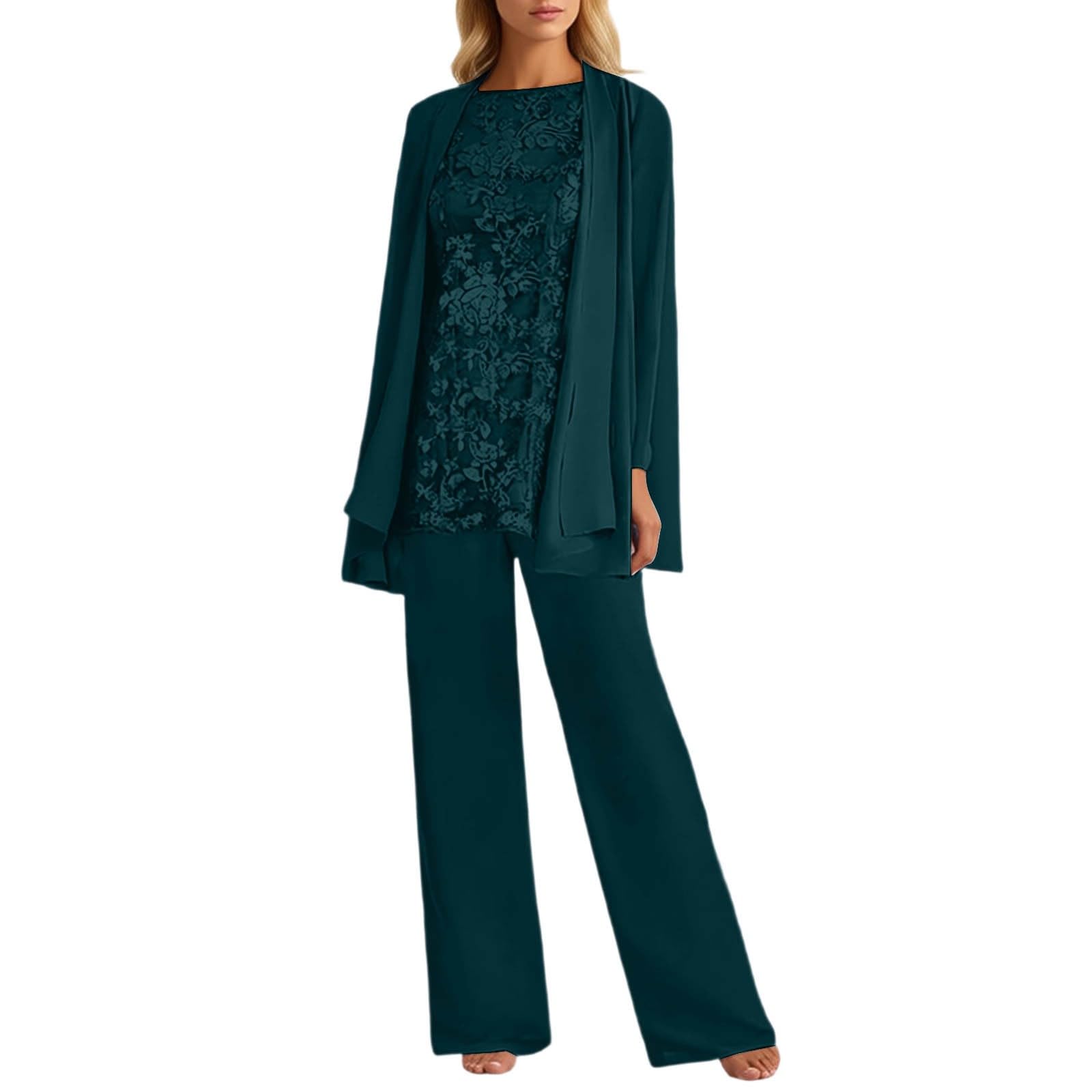 Generisch 2026 Neuheiten Spitzen Oberteile Damen Elegante Brautjungfern-Partykleidung: Lange Ärmelhose Chiffon mit Blumenmuster, stilvolles bequemes Gästeoutfit in großen Größen.