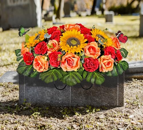 Artificial Cemetery Flower for Grave, Silk Headstone Flower Saddle for Tombstone Decoration - Sunflower Rose and Carnation,Easy Fit and Colorfast image 3