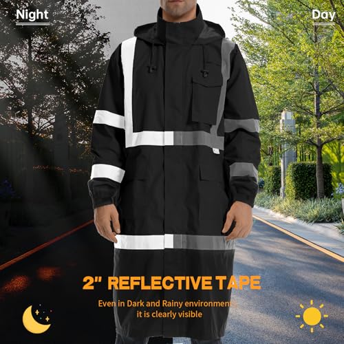 Image of Hi Vis Rain Jacket with 3M Reflective Stripe,High Visibility Class 3 Rain coats,Safety Waterproof Rain Suits for Men with Hood and 2 Large Pockets construction work rain gear(Black L)