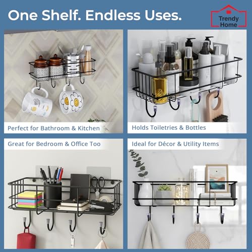 Image of Trendy Home Self Adhesive Bathroom Shelf Organiser, Drill-Free Wall Rack | with Magic Stickers & 4 Hooks, Rust-Proof Storage Shelf for Bathroom, Black