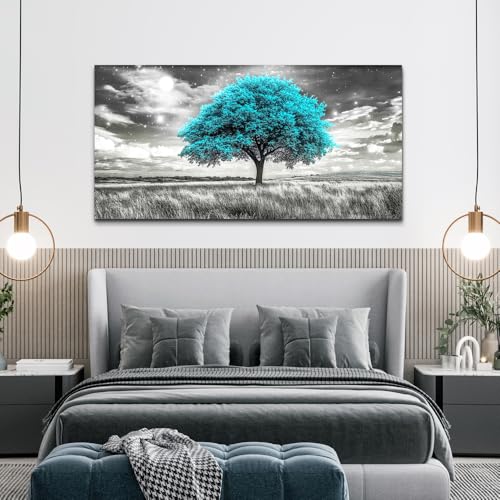 KELIYUAN Modern Canvas Print Wall Art Blue Tree Painting Full Of Stars Black And White Art pictures Natural Landscape Wall Decoration Suitable For Living Room Bedroom Office Framed Stretch 20x40 In