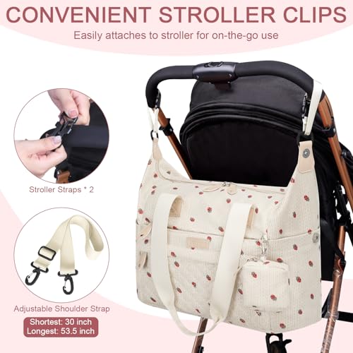 Image of Pritent Diaper Bag Tote - Diaper Baby Bags with Pacifier Case, Shoulder Straps, Stroller Clips, Waterproof Large Mommy Maternity Travel Baby Bag for Mom and Dad, strawberry
