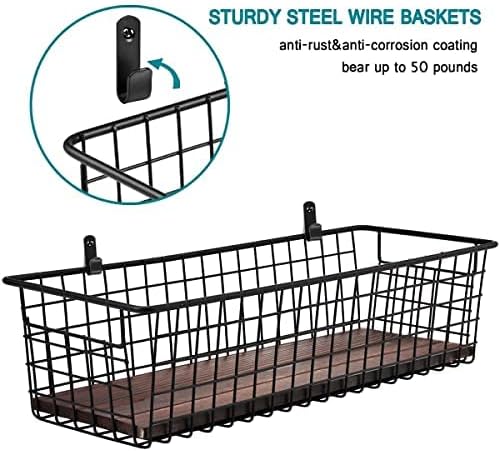 SheeChung 2 Set [Extra Large] Portable Metal Farmhouse Wall Decor Storage Organizer Basket Bin with Handles & Floating Shelves for Hanging in Bathroom, Kitchen, Office-Wall Mount Hooks, Black - Image 3