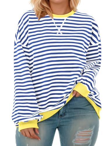 Image of ROSRISS Womens-Plus-Size-Oversized-Sweatshirts Striped Colorblock Long Sleeve Shirts Casual Crewneck Pullover Sweaters XL-5XL