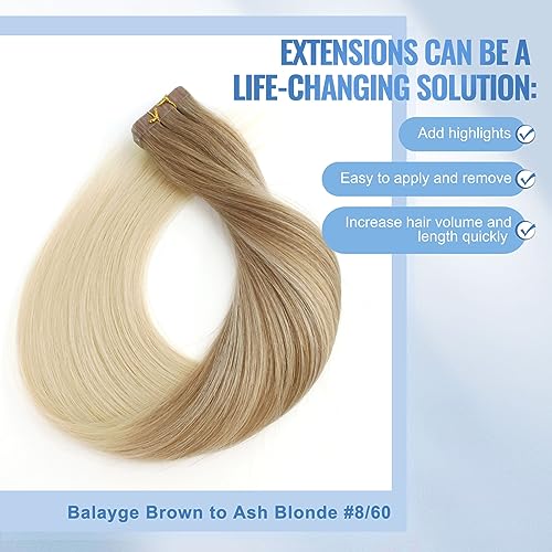 Image of Sixstarhair Invisible Tape In Hair Extensions Real Human Hair Balayage Blonde with Light Chestnut Brown Fading to Platinum Blonde Hair Extensions 20 Pcs 50g [Color #B8-60 20 inch]