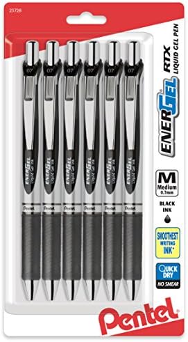Pentel EnerGel RTX Retractable Liquid Gel Pen, Medium Line, Metal Tip, Black Ink, 6 Pack (BL77BP6A)