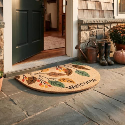 Image of Encasa XO Half Round Welcome Leaf Coir Doormat, Non-Slip Doormat 45x75 cm