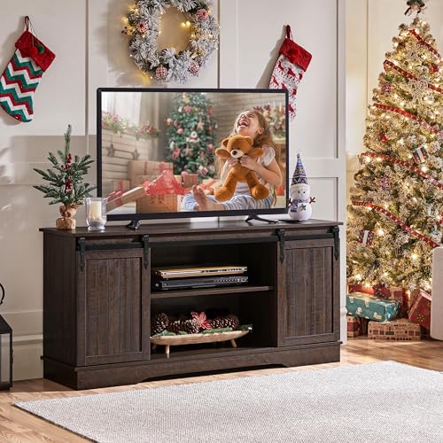 Yaheetech TV Stand for TVs Up to 65 inch, Farmhouse Media Entertainment Center, 58'' TV Console Table with Adjustable Shelves & Sliding Barn Doors for Living Room, Dark Walnut