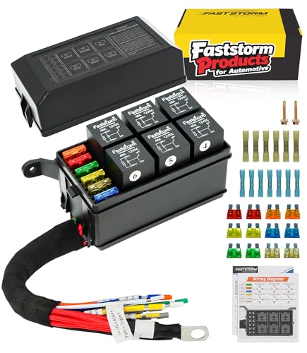 FASTSTORM Fuse Relay Box Relay Block Box Built-in Diodes 6 Way 12 AWG Pre-Wired Waterproof Relay Panel with Relays and Terminals ATC/ATO Fuses Automotive Relay Box 12V for Automotive Car Marine Boat