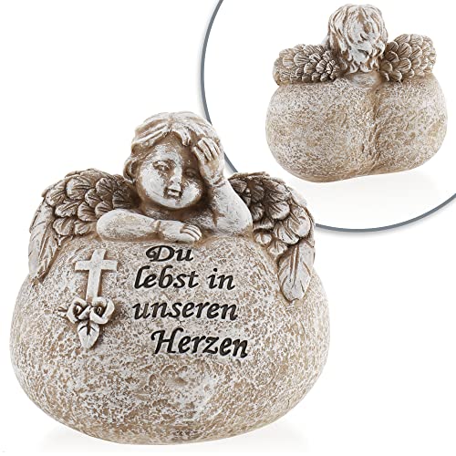 com-four® grave decoration in heart shape with angel, memorial stone with inscription, cross and roses - Image 3