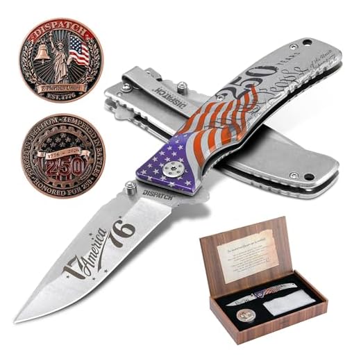 DISPATCH 250th Anniversary Commemorative Folding Knife Gift Set, EDC Pocket Knife with Steel Frame Lock, Stonewashed Stainless Steel Blade, Collectible Coin & Premium Gift Box – Patriotic Gift for Men