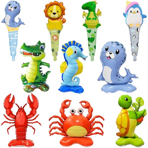 10 Pcs Globos de Animales Marinos, XXL Globo Delfín, Globos de Aluminio con Motivos Marinos, cangrejo gamba tortuga cocodrilo Seepferdchen Foil ballons für Jungen Mädchen Baby Dusche Geburtstag Party