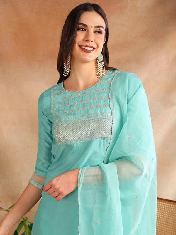 Image of Vaamsi Women's Silk Blend Sequins Yoke Design Straight Kurta Pant With Dupatta