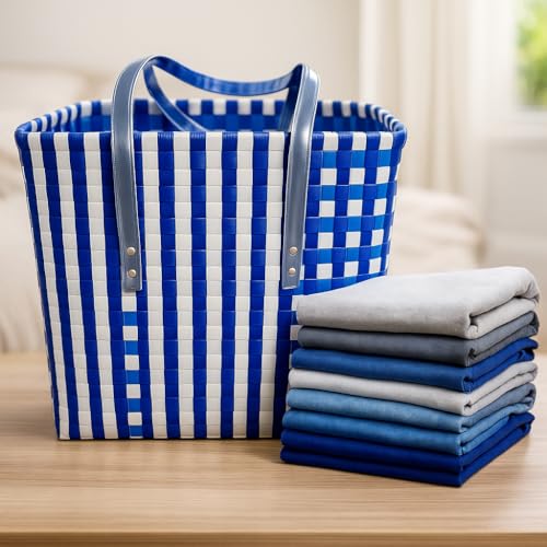 Image of Hand Made Multipurpose Plastic Basket with Lid, White with Blue, XL