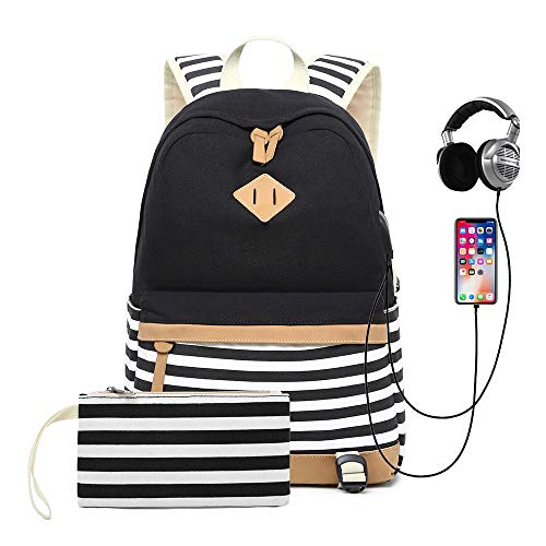 MINGZE Mochilas Escolares  de Lona  USB Puerto y de Auriculares  Ideal para Niños Mujeres