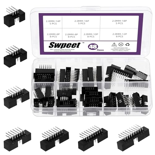 Swpeet 47Pcs 2.0 mm Pitch 6 8 10 12 14 16 18 Pin Male Adapter Right Angle Pin Header Connector Assortment Kit, IDC Box Header Connector, IDC Pin Headers for PCB Board Socket