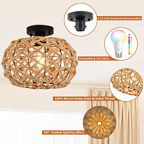 Zecoxol Rattan Ceiling Light Fixtures Rgb Boho Flush Mount Ceiling Light-1200Lm 3000-6500K Dimmable Color Changing Light Fixture Mini Small Ceiling Light For Bedroom Kids Room Hallway Party Festival #TOP3