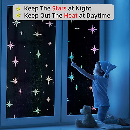 Fufin Total Blackout Window Film With Free Installation Tools, Explosion-Proof Pet Material, 100% Uv And Light Blocking, Rainbow Star Laser Room Darkening Window Film (Black Star 17.5" X 78.7") #TOP3
