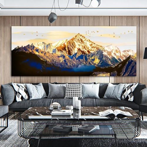 Peinture montagne oiseau dorée luxe grand tableau LSYALUCK 80x175 cm décoration salon moderne