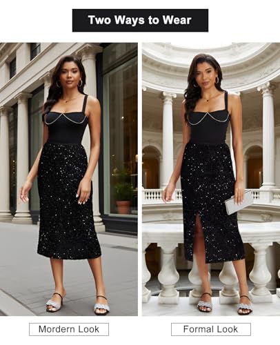 Women's Sequin Velvet Midi Skirt Elastic High Waist Night Out Split Hem Party Skirts3