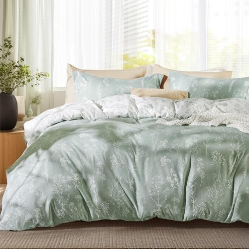 Bedsure Queen Comforter Set – Sage Green Bed Set, 3 Pieces Cute Floral Bedding, 1 Soft Reversible Botanical Flowers Comforter and 2 Pillow Shams
