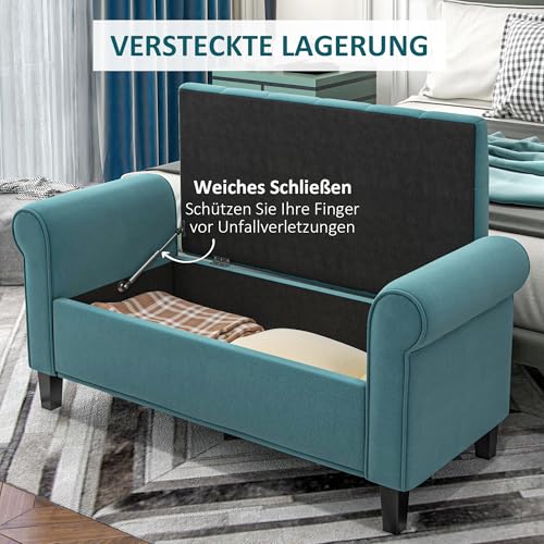 HOMCOM Sitzbank mit Stauraum Polsterbank mit Samt-Bezug, Armlehne Bettbank mit Holzbeinen, Schuhbank für Schlafzimmer, Wohnzimmer, Flur 126 x 48,5 x 57 cm Grün