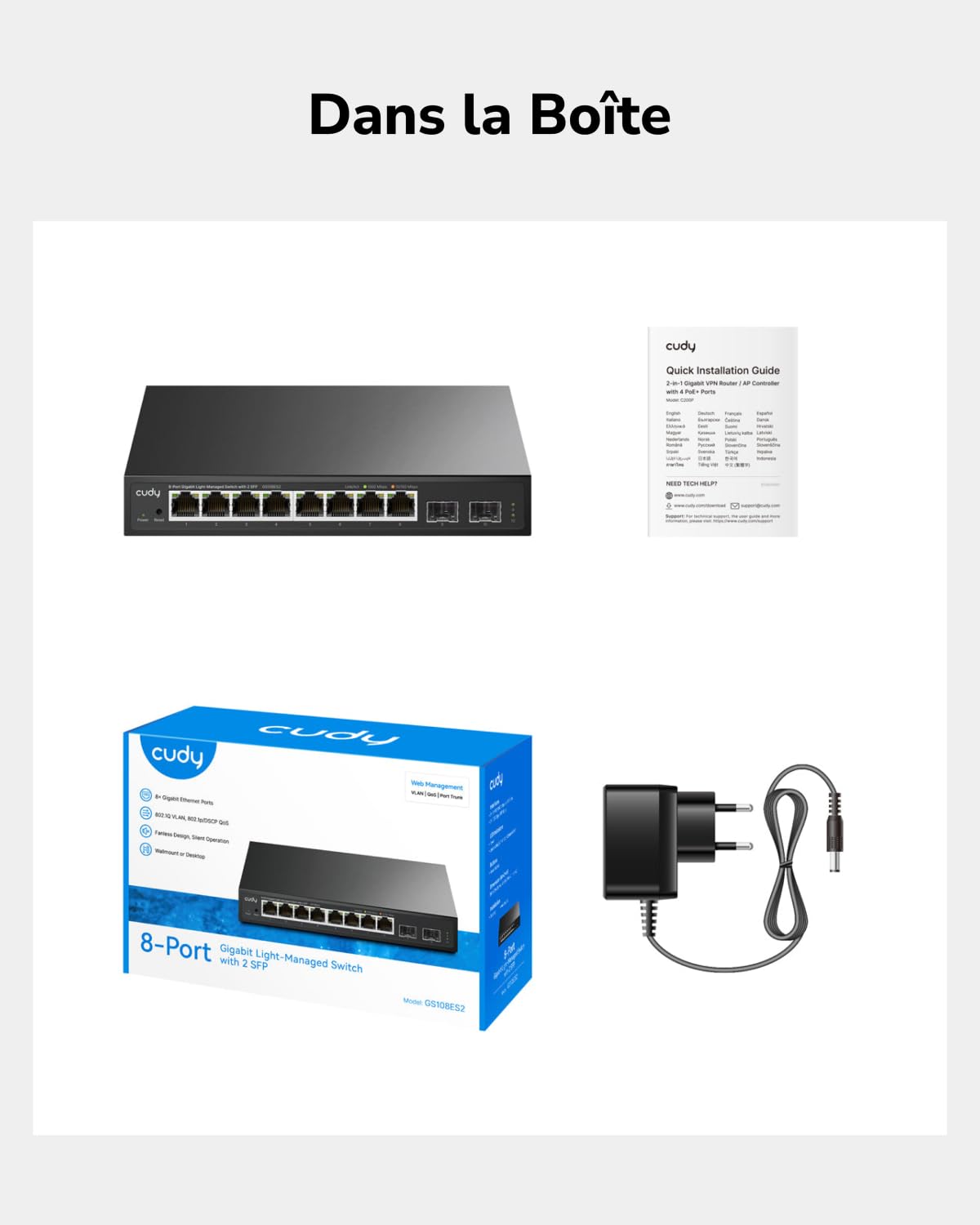 Cudy Commutateur Intelligent Gigabit à 10 Ports, Professionnel, GS108ES2 | 8 ports GbE, 2 ports de liaison montante par fibre optique, débit à vitesse filaire, isolation des ports/mode 250 m
