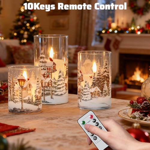 Image of Wondise Red Bird Glass Flameless Candles with Remote Timer, Battery Operated Real Wax 3D Wick LED Flickering Pillar Candles for Christmas Decoration Thanksgiving Holiday Gift
