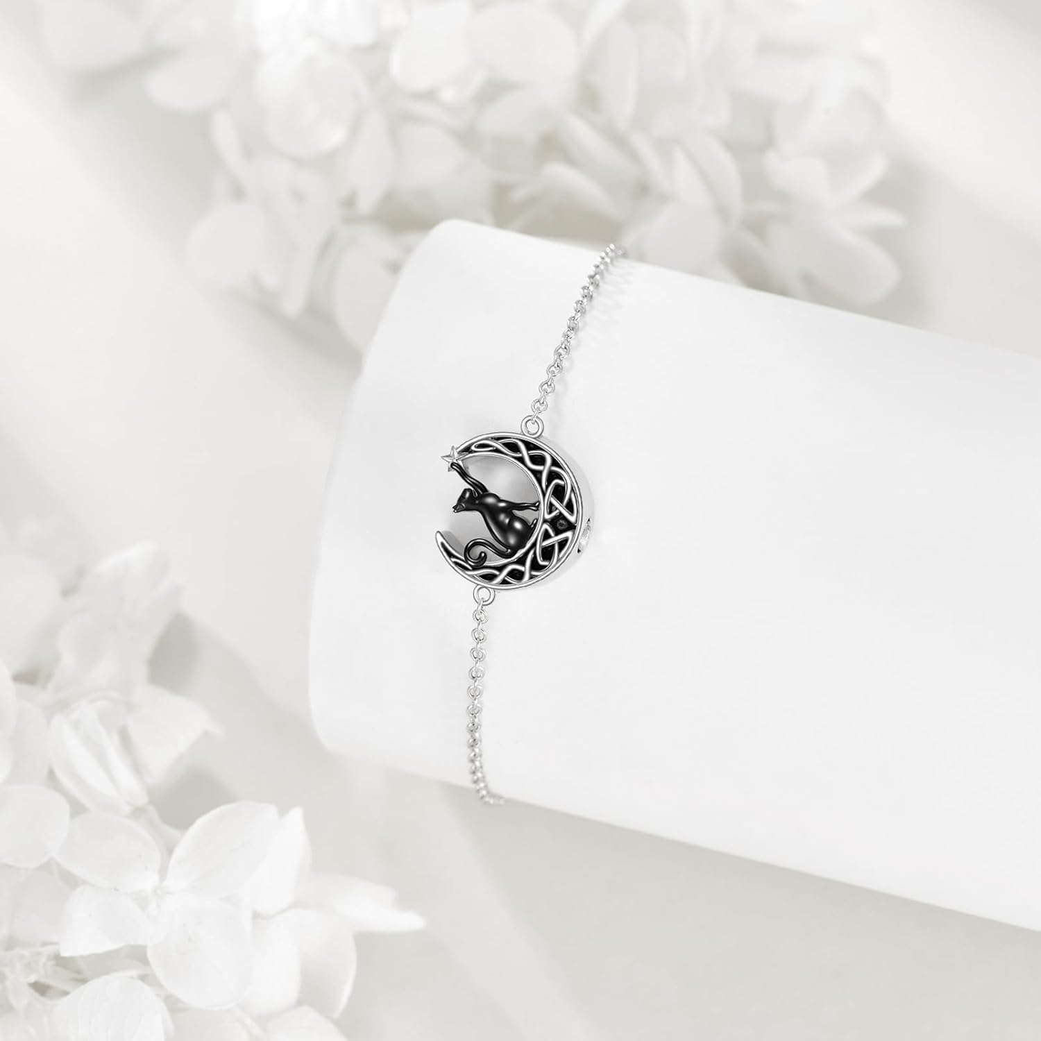 VONALA 925 Sterling Silver Moon Cat Urn Bracelets for Women Celtic Urn Bracelet Moon Ashes Bracelet Black Cat Cremation Jewelry
