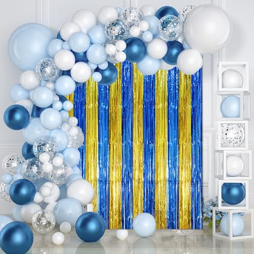 Image of Voircoloria 2 Pack Blue Gold Foil Fringe Backdrop Curtains, Graduation Tinsel Streamers Party Decorations, Fringe Backdrop, Door Shimmer for Birthday Party