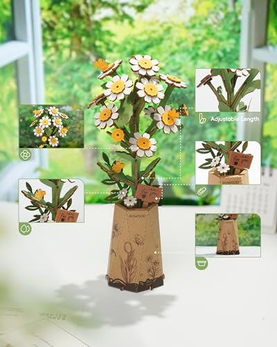 rowood 3D Puzzle Wooden Flower,DIY Flower Building Block Set Craft Kit,Mother's Day/Valentine's Day/Teacher's Day/Thanksgiving/Christmas/Birthday Gift for Mom/Grandma-Chamomile - Image 4