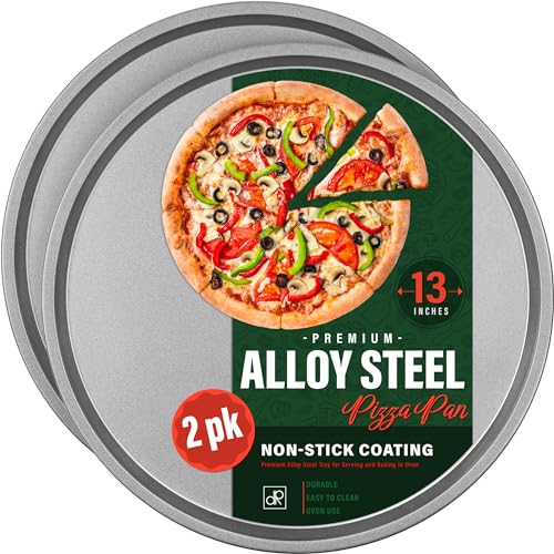 DecorRack 13 Inch Alloy Steel Pizza Pan, Non-Stick Coating, Dishwasher Safe Serving Tray, Round Baking Tray for Oven Use (2 Pack)
