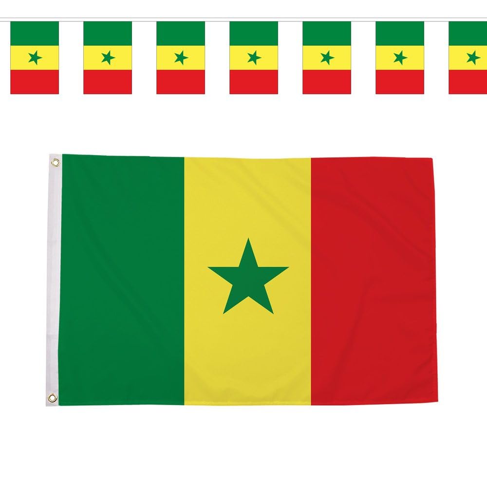 Flagtex Senegal Lions of Teranga World Cup 2026 Small Team Bundle Includes 3ft x 2ft Premium Polyester Flag and 3m Rectangle Bunting Football Fan Pack Indoor Outdoor Decoration