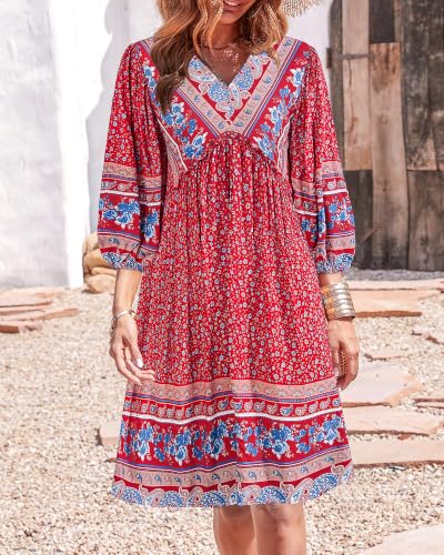 Image of BTFBM Women Casual Spring Summer Dresses V Neck 3 /4 Long Sleeve Ruffle Floral Flowy Boho Babydoll Mini Short Beach Dress