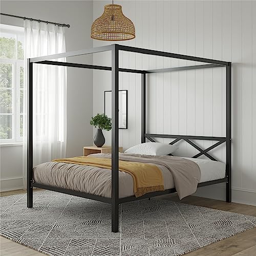 DHP Remna Metal Canopy Platform Bed Frame with Headboard, Queen. Black