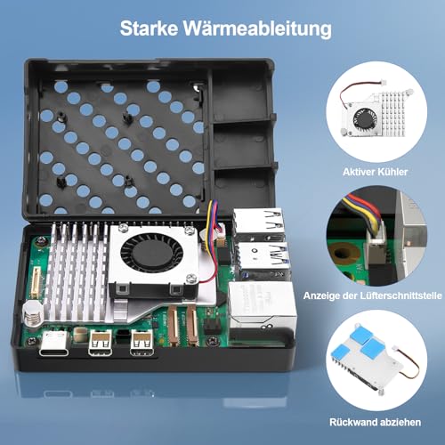 RasTech Raspberry Pi 5 8GB Kit 64GB Edition mit Active Cooler, 27W 5.1V5A USB-C Netzteil, Pi5 8GB Board, 64GB Kartenleser Kit, Pi 5 Gehäuse, Dual 4K Micro HD Out Kabel und Benutzerhandbuch