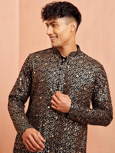 VASTRAMAY Men's Black Georgette Sequin Kurta - Image 4