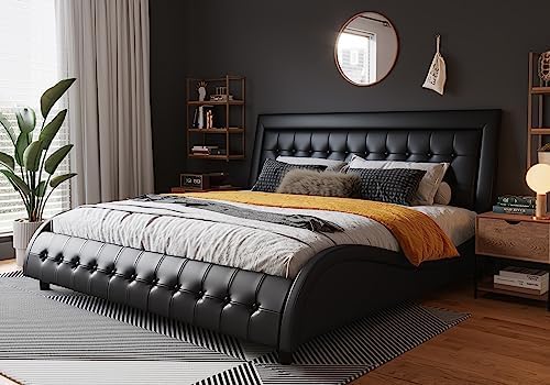 SHA CERLIN King Size Box-Tufted Platform Bed Frame/Faux Leather Upholstered Bed Frame with Adjustable Headboard/Wood Slat Support/Wave-Like Modern Bed/Low Profile/Black