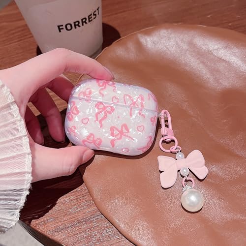 Image of MINSCOSE for Cute Glitter AirPods Pro 3rd Generation Case (2025) with Cleaner Kit,Shell Pattern Bow Ribbon Trendy Design with Bowknot Pearl Keychain for Girls Women for Airpods Pro 3-Pink