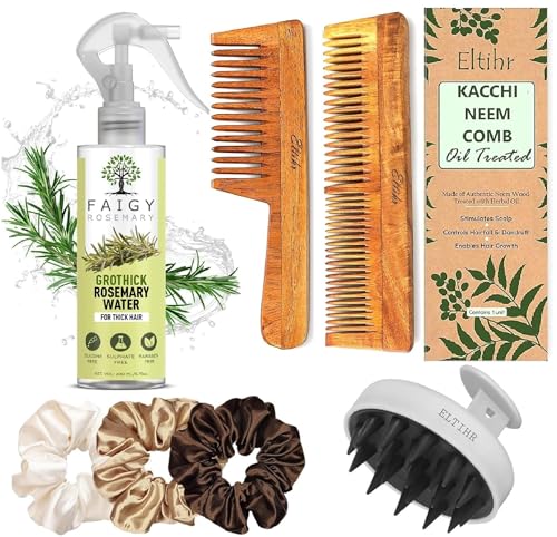 Image of Eltihr Pack Of 7 Kacchi Neem Comb, Wooden Comb with 200ml Rosemary Water Spray for Hair Growth & Hair Thickness | Hairfall, Dandruff Control | Hair Straightening, Frizz Control | Comb for Men, Women | Treated with Oil and herbs (All Combo)